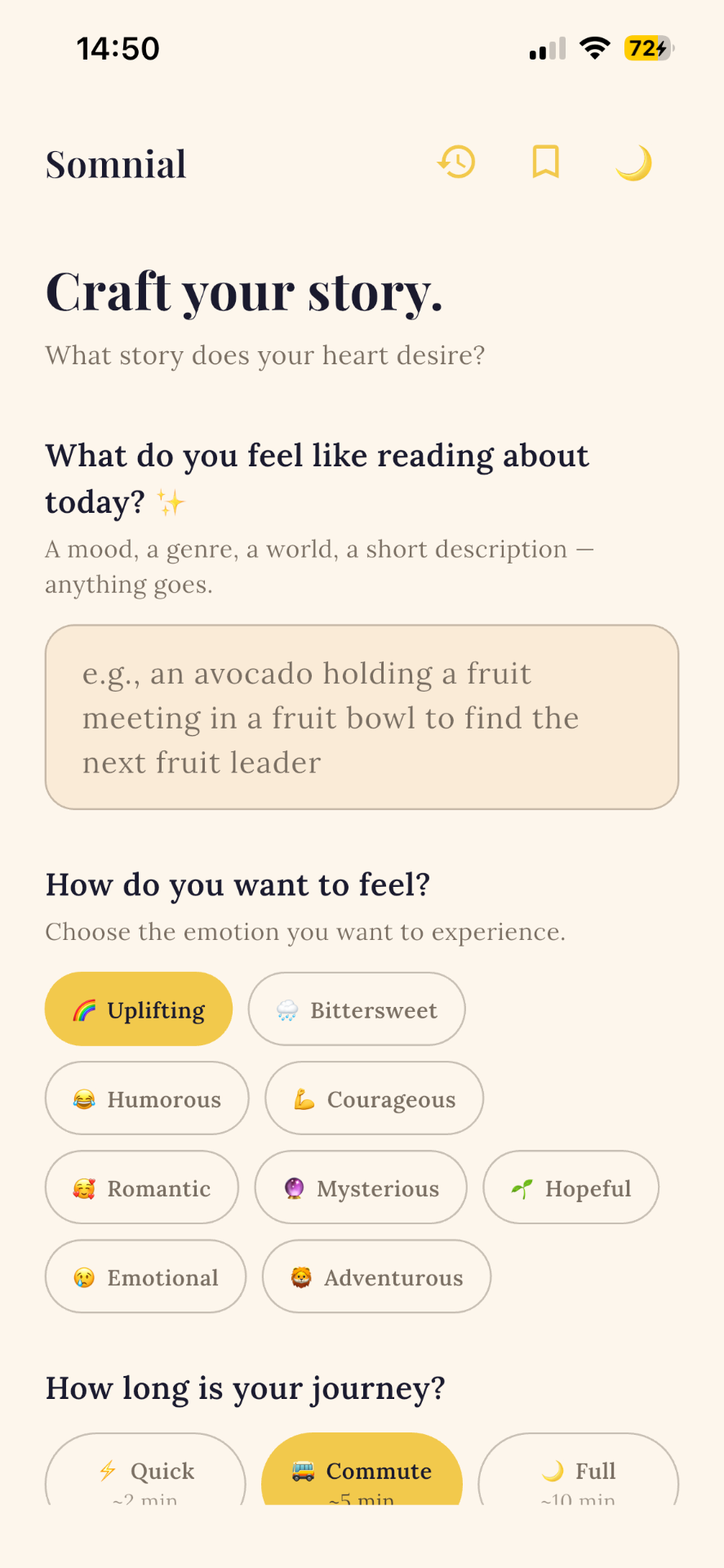 Somnial app — craft your story screen