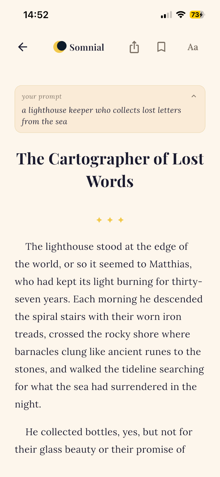 Somnial app — generated story reading view