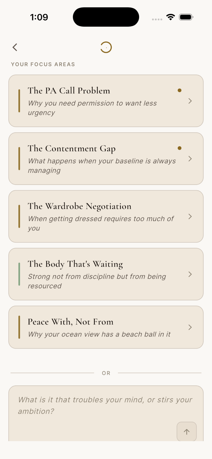 Sagehand app — focus areas list