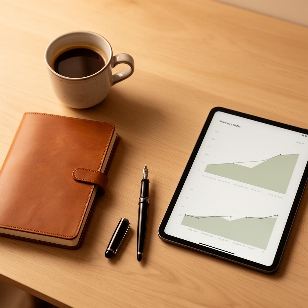 A warm overhead workspace with notebook, coffee and tablet showing a chart